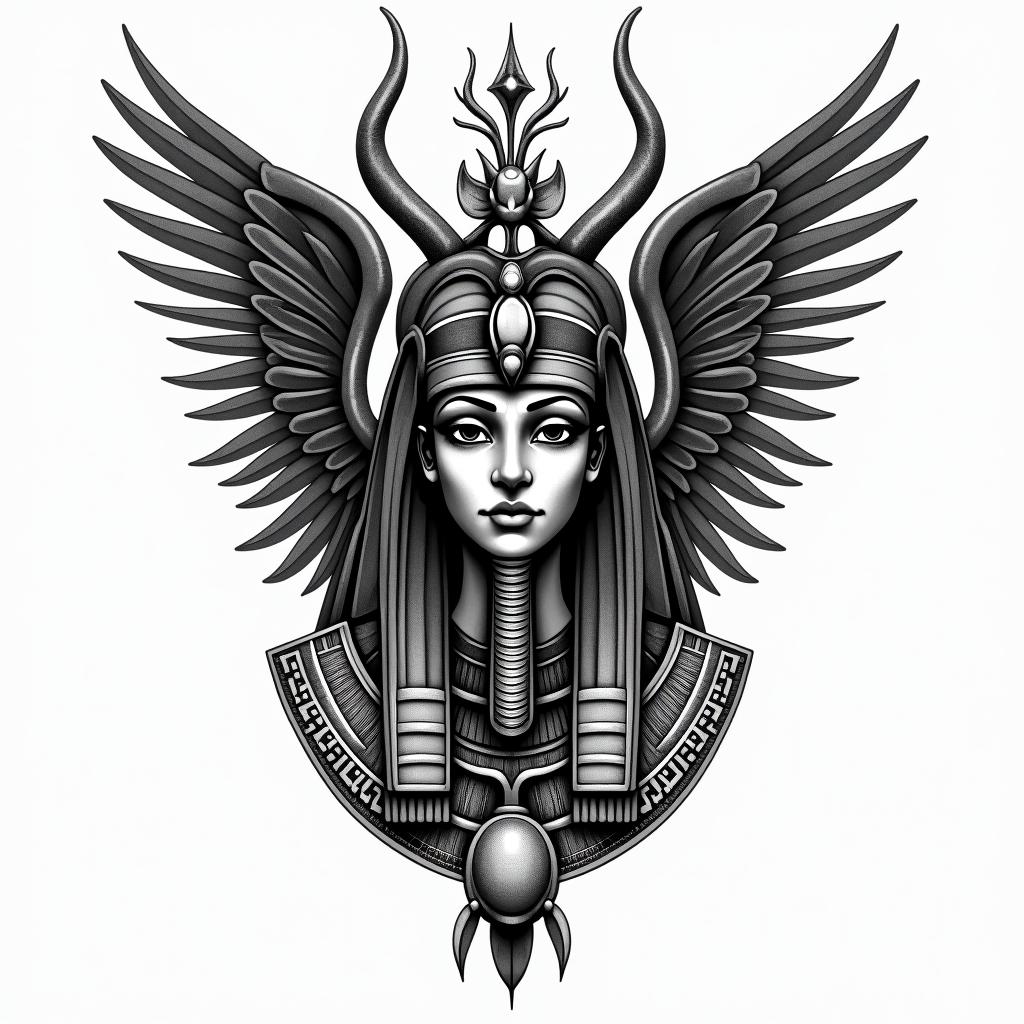 Angles and devilin egyptian style tattoo, bold elements of ancient egyptian culture including a portrait of an Egyptian pharaoh with detailed facial features, in hieroglyphs and symbolic imagery, eye of horus, ankh symbol, scarab beetle