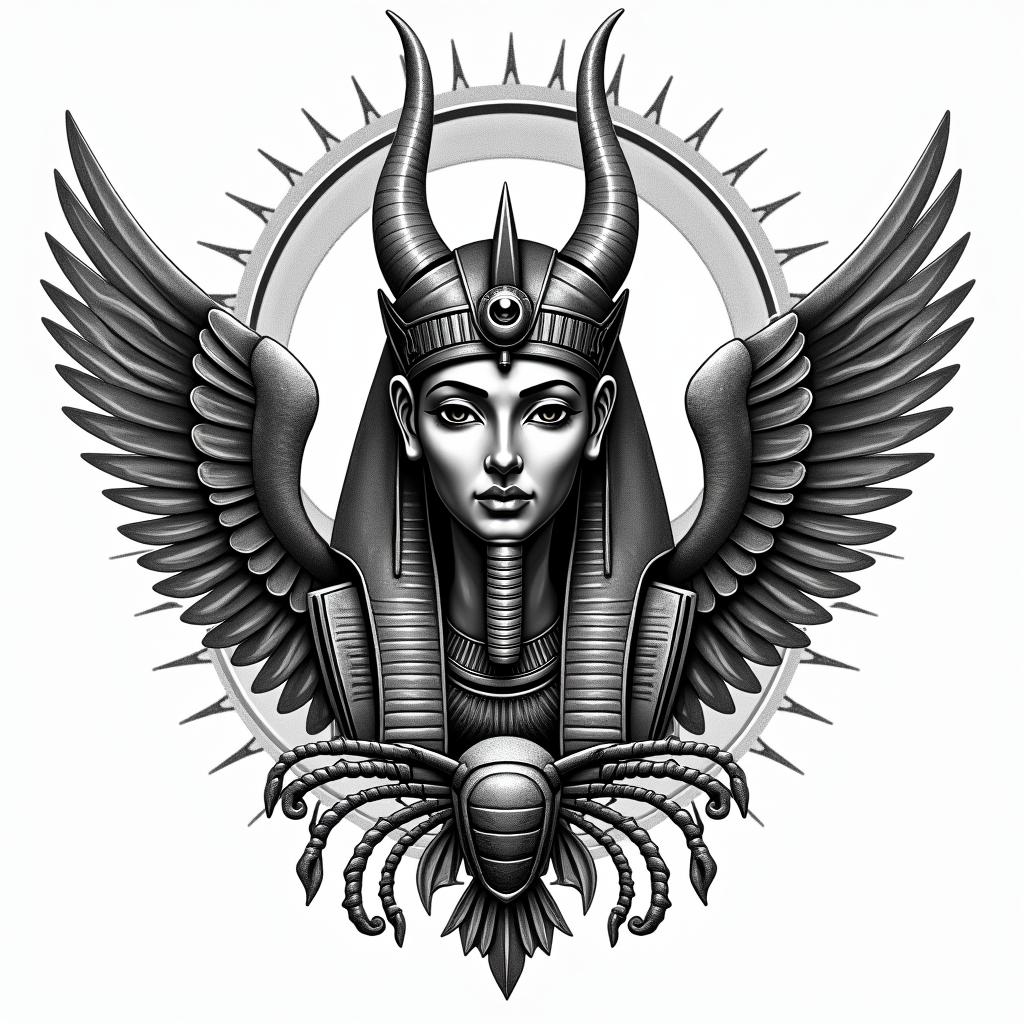 Angles and devilin egyptian style tattoo, bold elements of ancient egyptian culture including a portrait of an Egyptian pharaoh with detailed facial features, in hieroglyphs and symbolic imagery, eye of horus, ankh symbol, scarab beetle - Variation 4