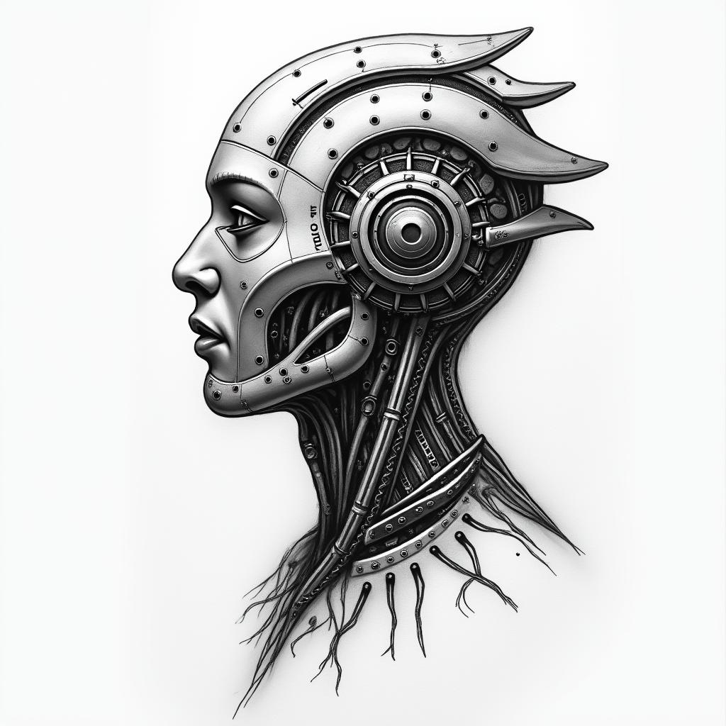 native americantattoo in biomechanic style, the tattoo covered by robotic elements of futuristic cyberpunk design, robotic features detail, showcasing intricate mechanical components - Variation 4