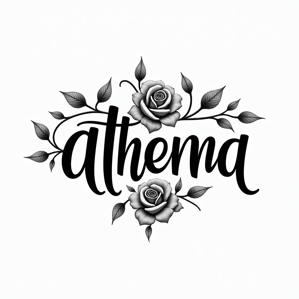Athena, the goddess of war, firein elegant cursive calligraphy style 2d tattoo, decorate with roses, featuring a smooth and flowing handwritten script with slightly thickened strokes for a luxurious and bold appearance,  heart symbol between names,  sleek and glossy black text with shadowing, minimalist matte white background, clean and sharp edges, illuminated with soft lighting, romantic, 8k, high-quality textures with refined typography - Variation 2
