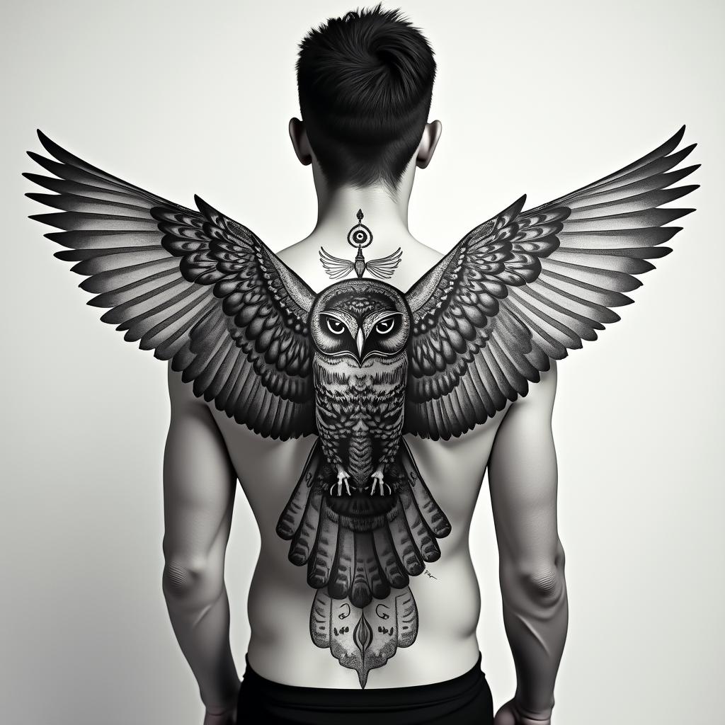 Owl, wings spread, symmetrical,  bold, masculinein spiritual symbols tattoo style, featuring an intricate design incorporating elements, Hamsa hand, third eye, minimalist composition - Variation 4