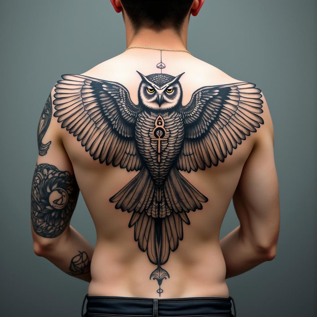 Owl, wings spread, symmetrical,  bold, masculinein spiritual symbols tattoo style, featuring an intricate design incorporating elements, Hamsa hand, third eye, minimalist composition - Variation 2
