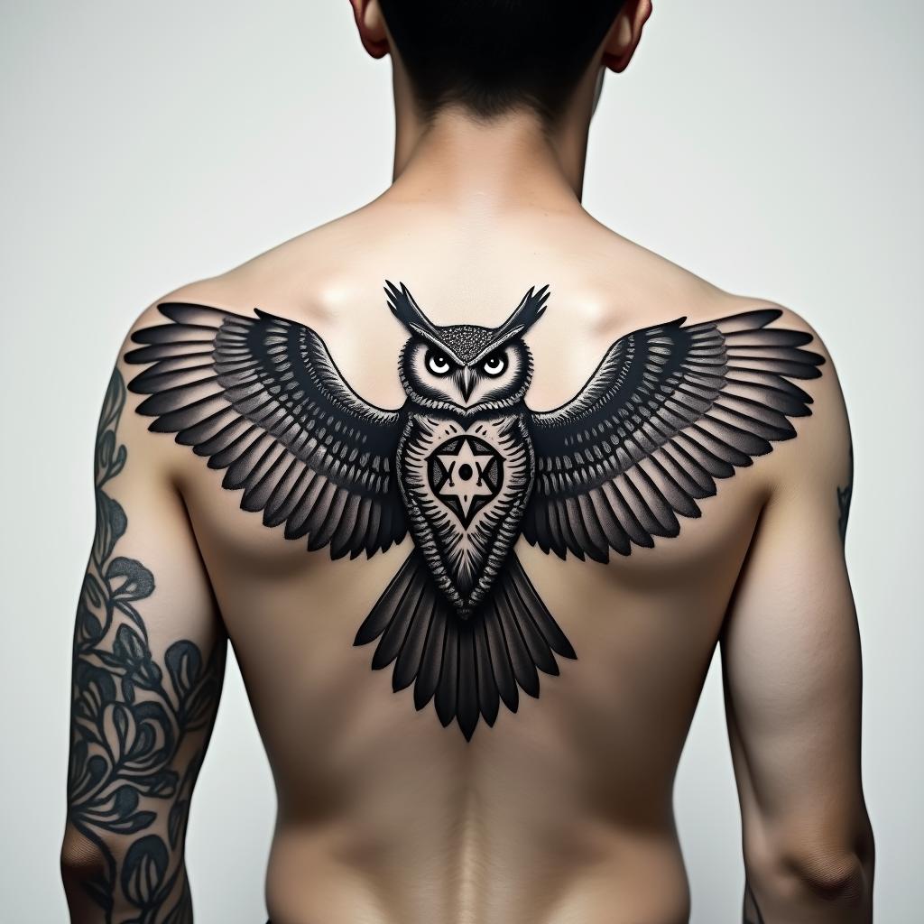 Owl, wings spread, symmetrical,  bold, masculinein spiritual symbols tattoo style, featuring an intricate design incorporating elements, Hamsa hand, third eye, minimalist composition - Variation 3