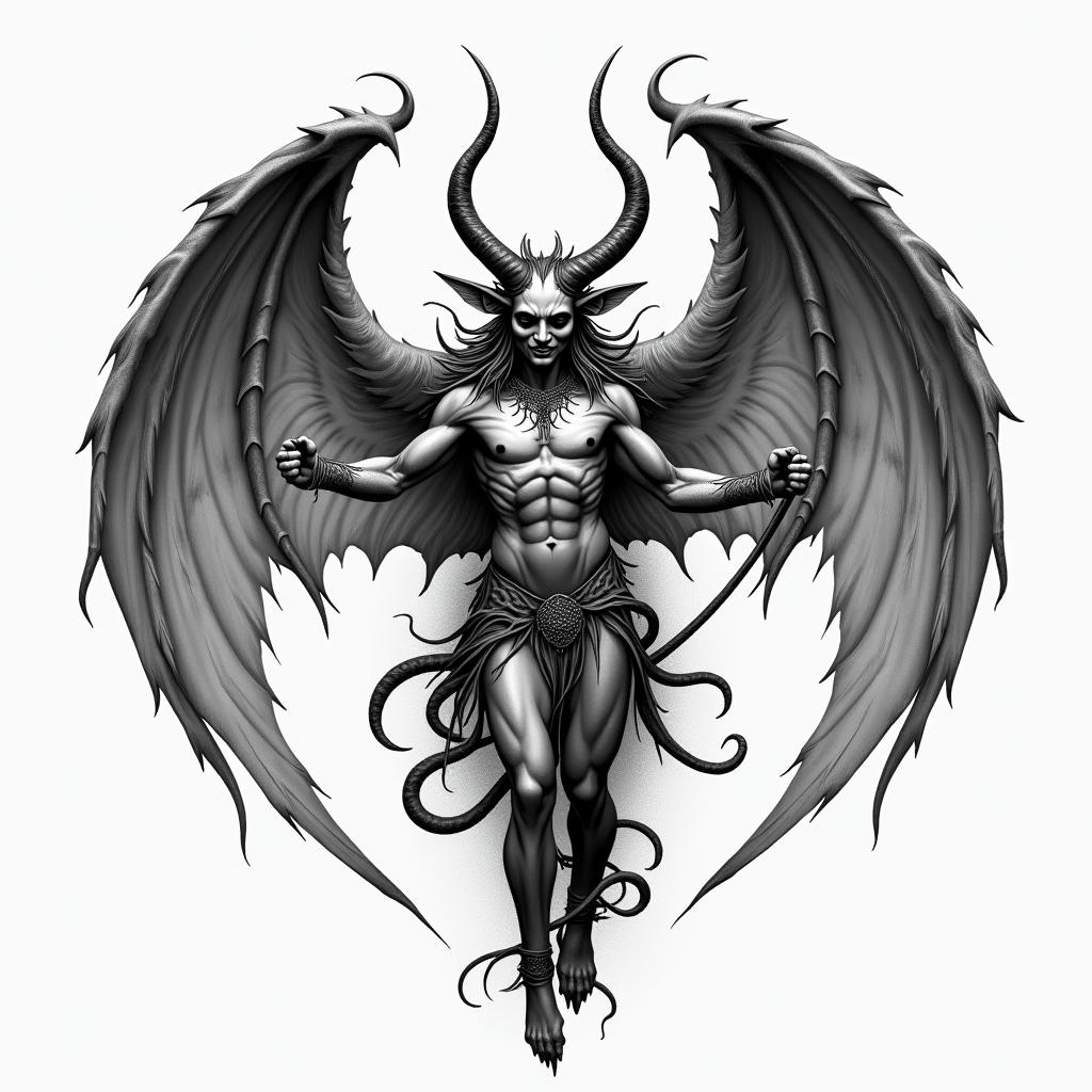 Angles and devilin realism tattoo style, featuring a highly detailed, lifelike, capturing every detail, photorealistic, ultra realistic, intricate shading, smooth and sharp,