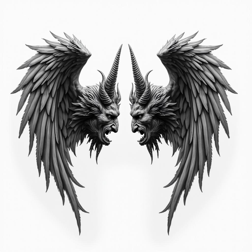 Angles and devilin realism tattoo style, featuring a highly detailed, lifelike, capturing every detail, photorealistic, ultra realistic, intricate shading, smooth and sharp,   - Variation 4