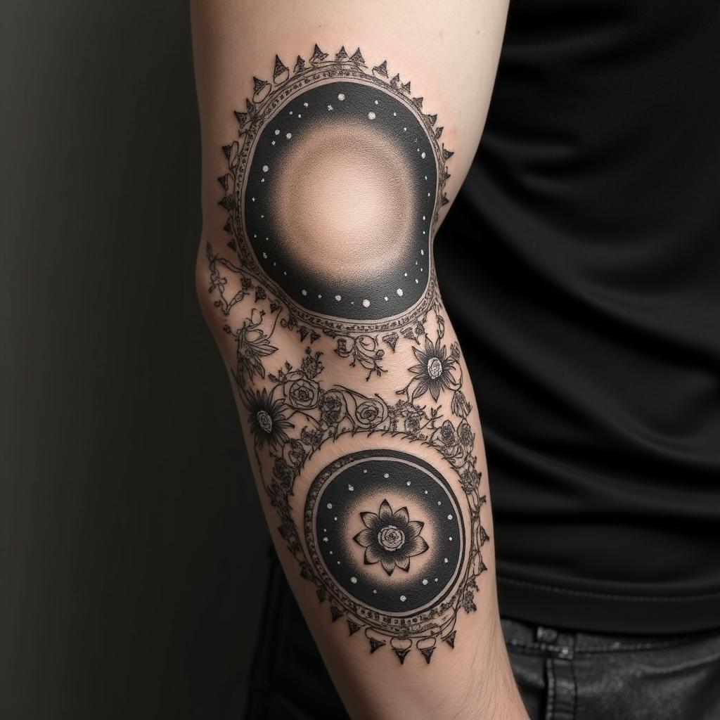 Spiral galaxy with stars and planetsin victorian style tattoo, featuring vintage and elegant elements, ornate frames, roses, antique, sepia-toned color scheme - Variation 8