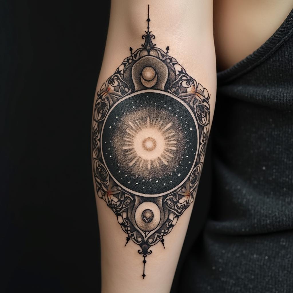 Spiral galaxy with stars and planetsin victorian style tattoo, featuring vintage and elegant elements, ornate frames, roses, antique, sepia-toned color scheme - Variation 9