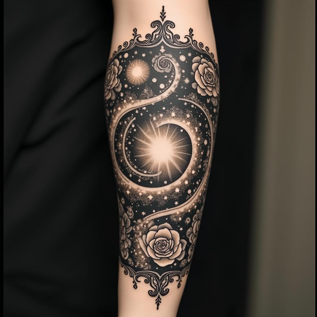 Spiral galaxy with stars and planetsin victorian style tattoo, featuring vintage and elegant elements, ornate frames, roses, antique, sepia-toned color scheme - Variation 7