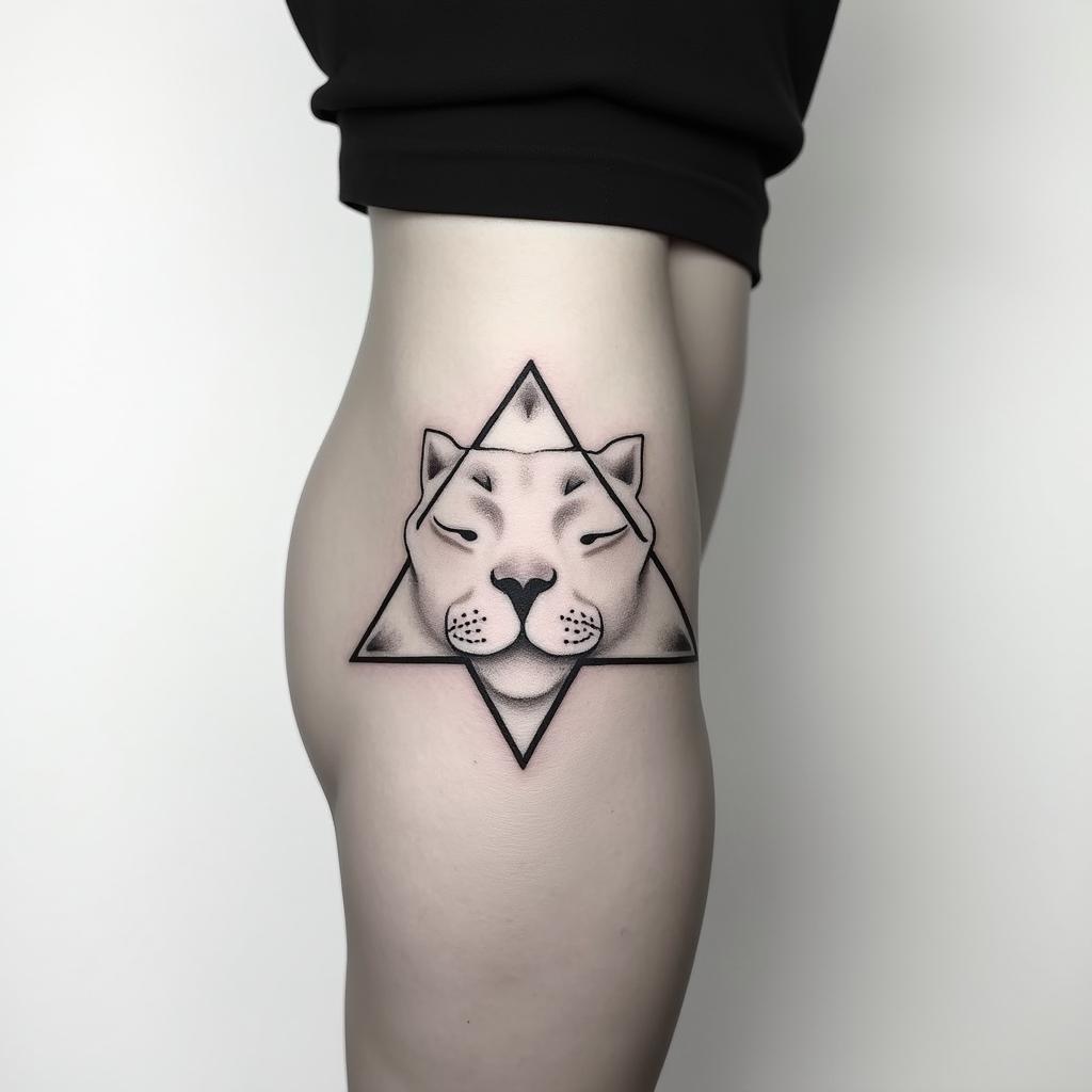 I want to put a tattoo on my side hip that symbolizes myself as a person who love so hard but always end up getting hurt by someone i trusted the most. My zodiac is leoin minimalist style tattoo, featuring simple shapes and fine lines, with minimal shading and details, tiny triangles, creating a sense of balance and harmony