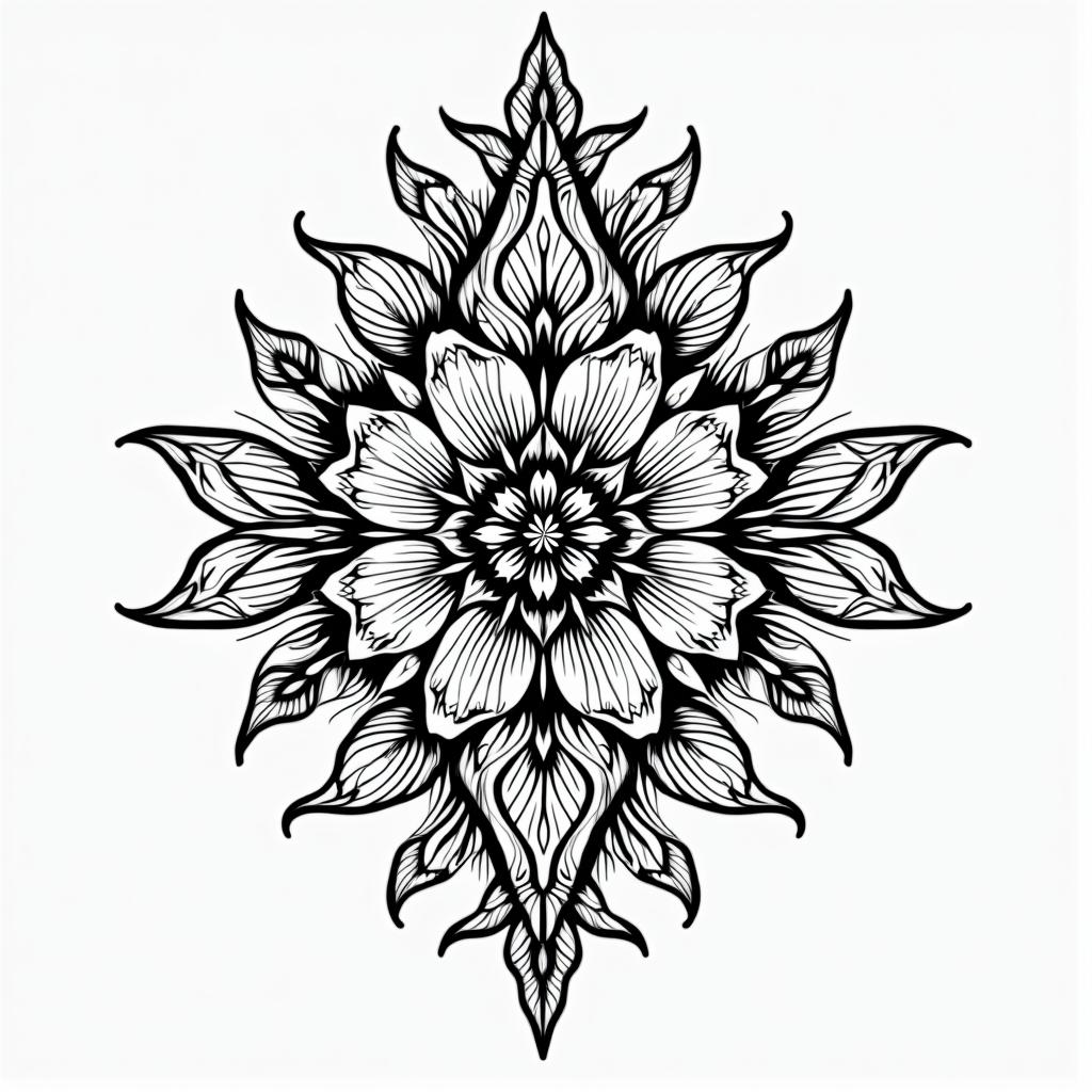 Alaskan Nativein ornamental tattoo style, featuring intricate symmetrical patterns and floral designs, showcasing highly detailed line work and geometric shapes, creating a sense of elegance and balance - Variation 2