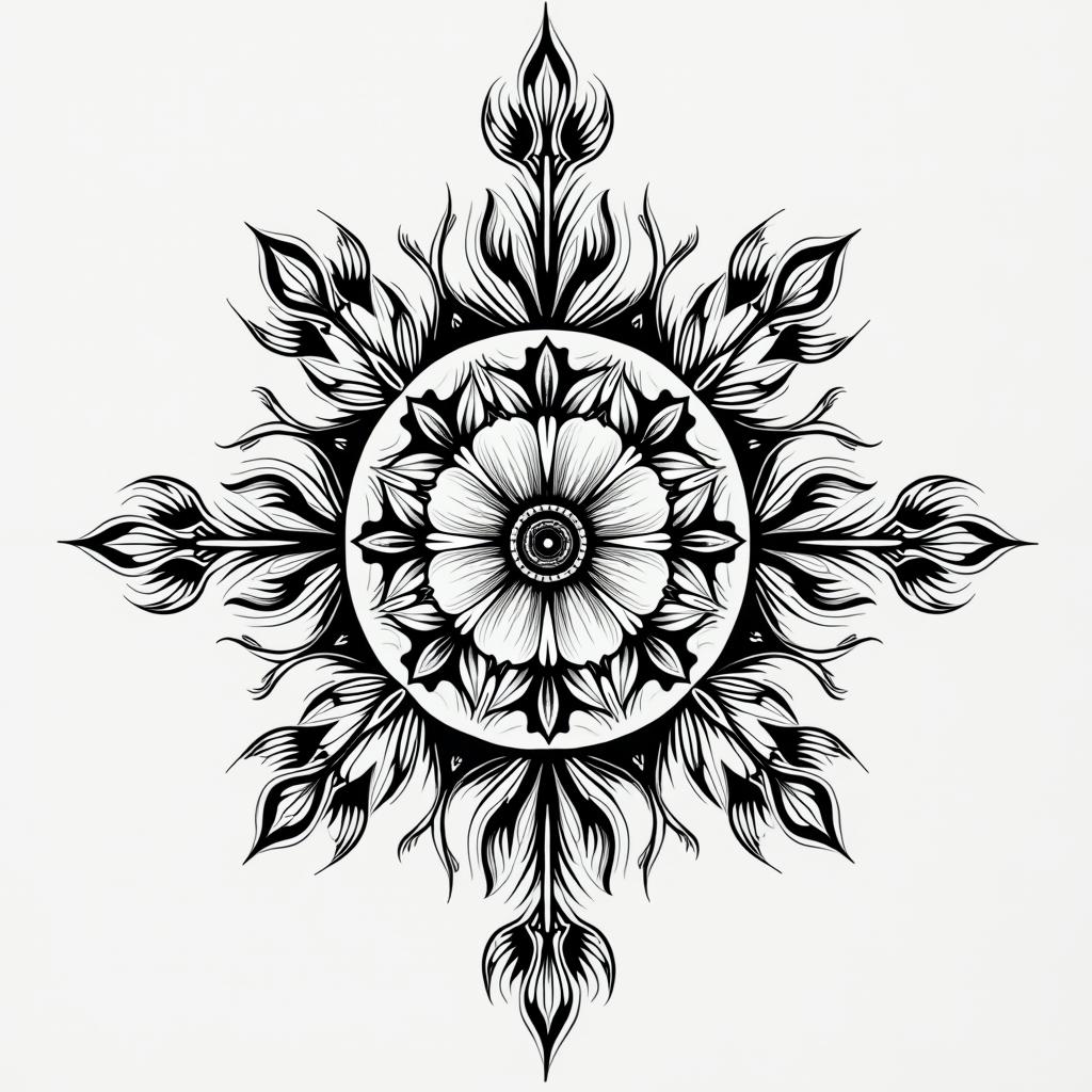 Alaskan Nativein ornamental tattoo style, featuring intricate symmetrical patterns and floral designs, showcasing highly detailed line work and geometric shapes, creating a sense of elegance and balance - Variation 4