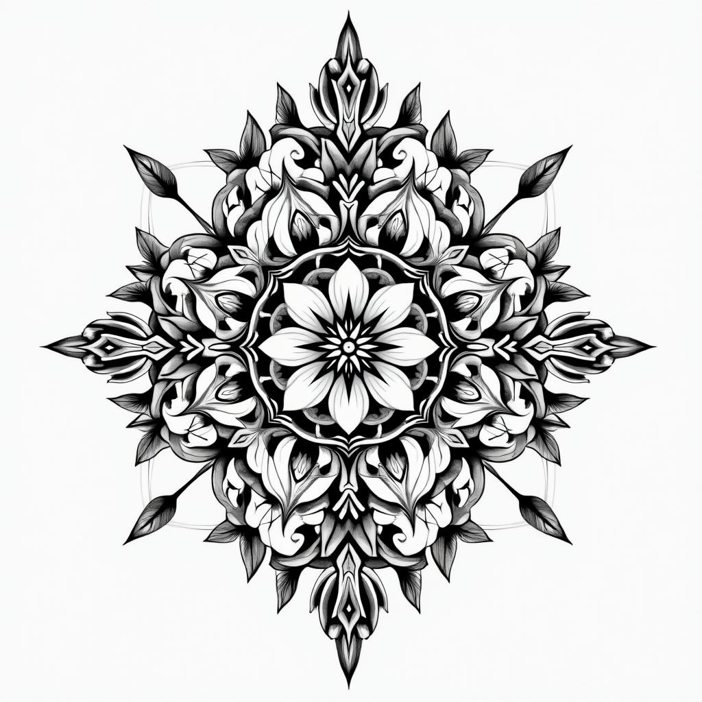 Alaskan Nativein ornamental tattoo style, featuring intricate symmetrical patterns and floral designs, showcasing highly detailed line work and geometric shapes, creating a sense of elegance and balance - Variation 3