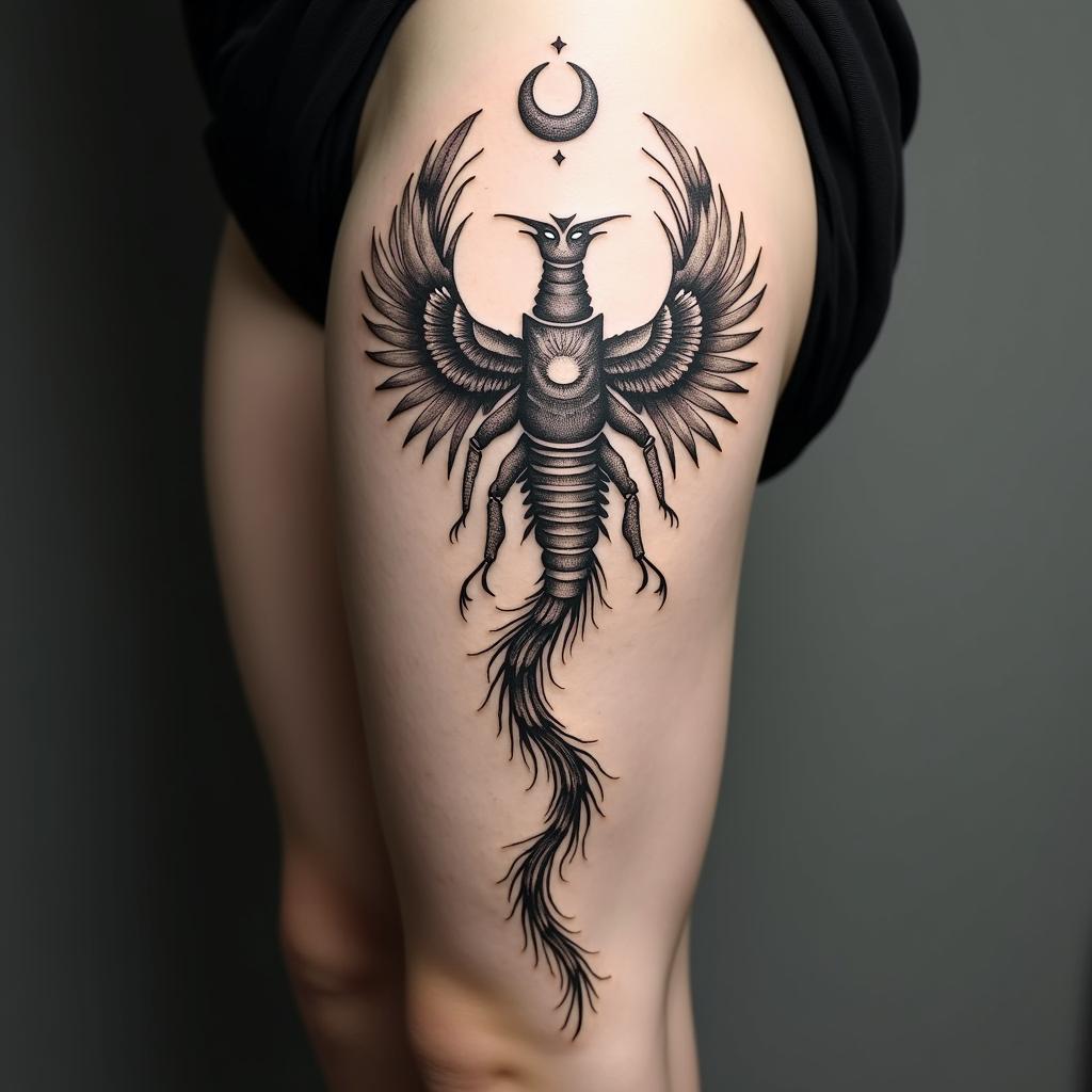 A detailed scorpion transforming into a fiery phoenix mid-flight. You can add small stars or a crescent moon above.
in spiritual symbols tattoo style, featuring an intricate design incorporating elements, Hamsa hand, third eye, minimalist composition - Variation 3