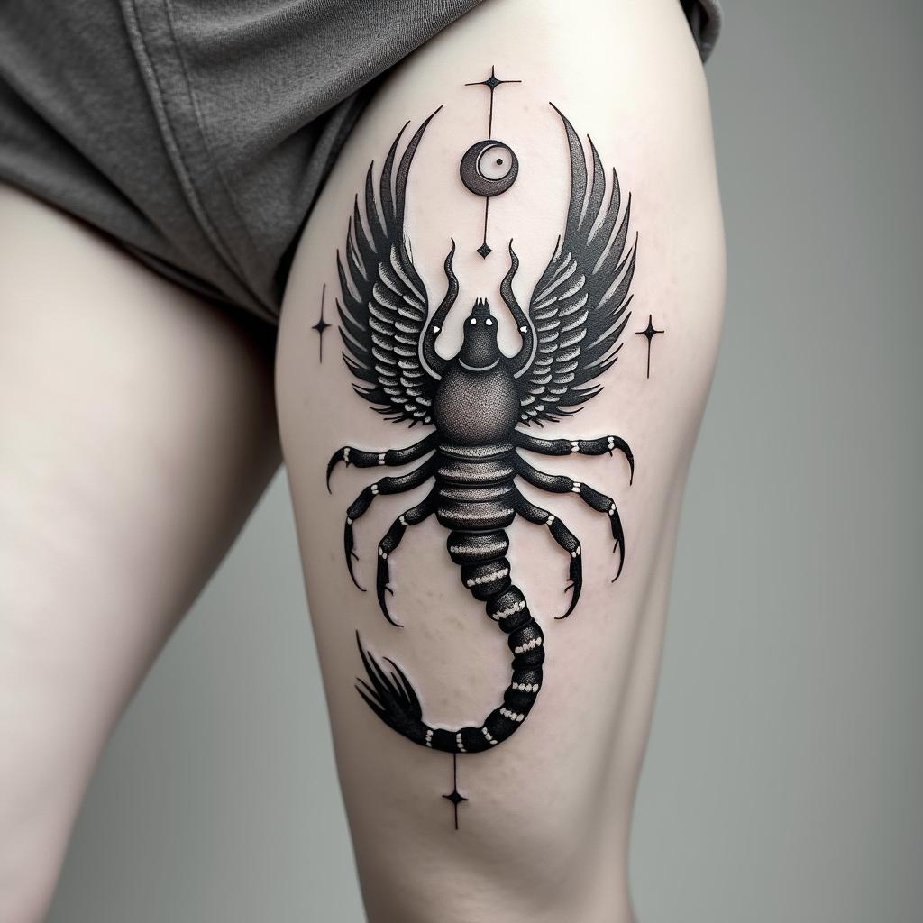 A detailed scorpion transforming into a fiery phoenix mid-flight. You can add small stars or a crescent moon above.
in spiritual symbols tattoo style, featuring an intricate design incorporating elements, Hamsa hand, third eye, minimalist composition - Variation 2