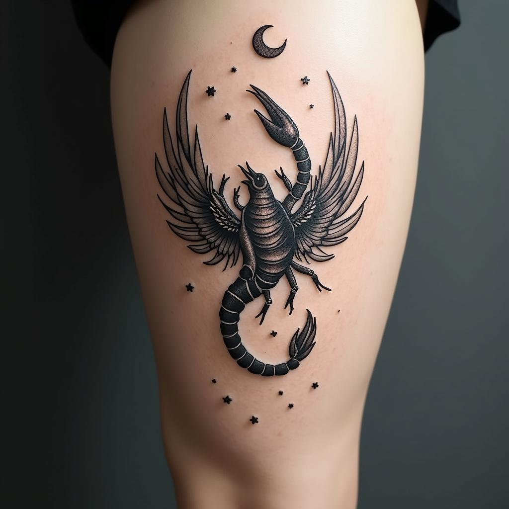 A detailed scorpion transforming into a fiery phoenix mid-flight. You can add small stars or a crescent moon above.
in spiritual symbols tattoo style, featuring an intricate design incorporating elements, Hamsa hand, third eye, minimalist composition