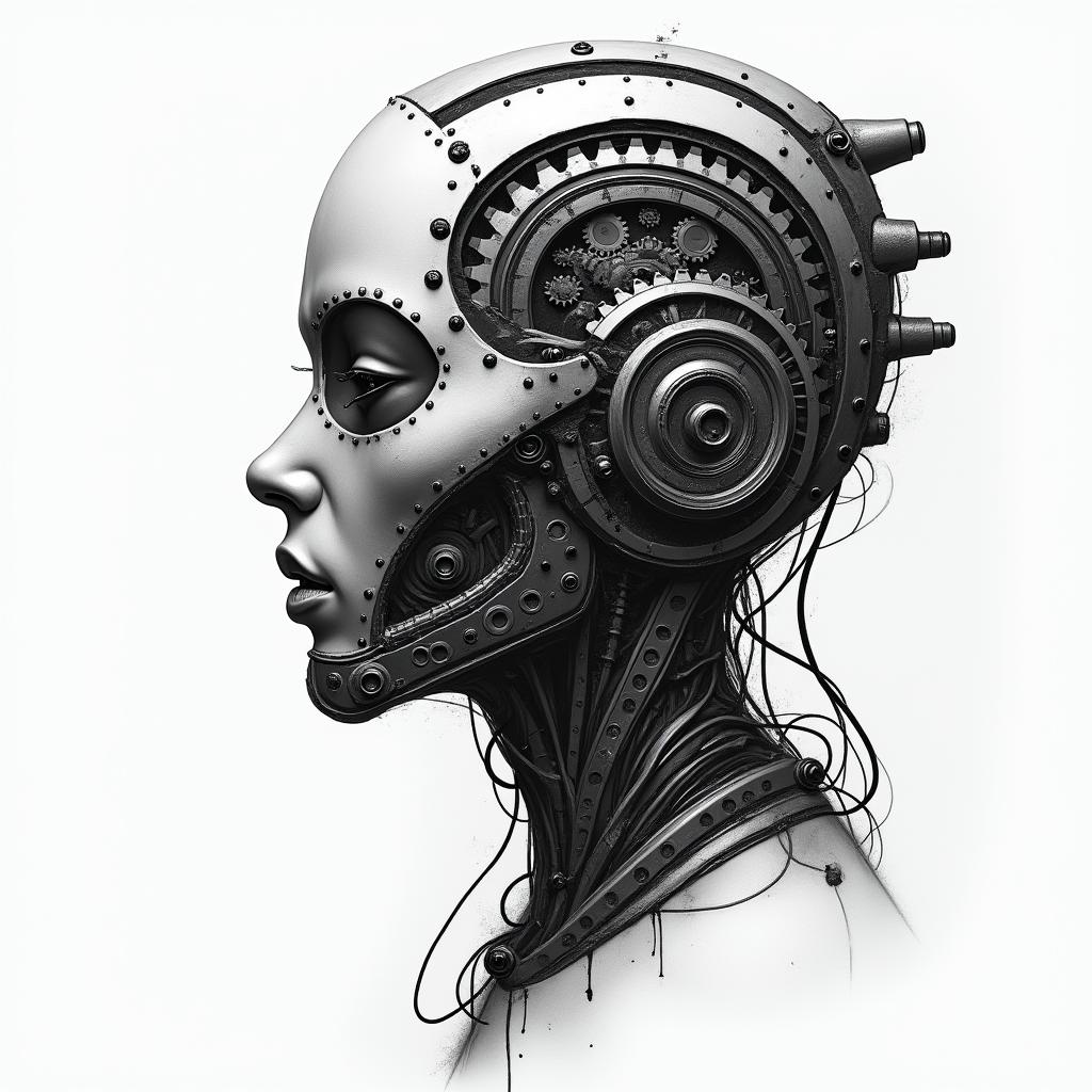 Biomechanics dark with gears and shock absorberstattoo in biomechanic style, the tattoo covered by robotic elements of futuristic cyberpunk design, robotic features detail, showcasing intricate mechanical components