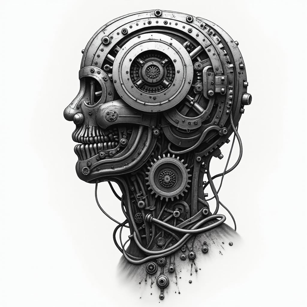 Biomechanics dark with gears and shock absorberstattoo in biomechanic style, the tattoo covered by robotic elements of futuristic cyberpunk design, robotic features detail, showcasing intricate mechanical components - Variation 3