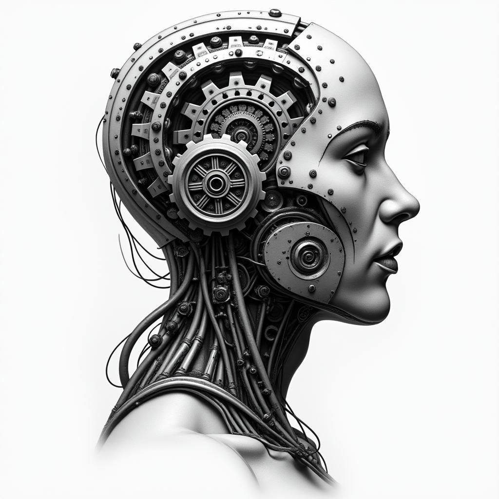 Biomechanics dark with gears and shock absorberstattoo in biomechanic style, the tattoo covered by robotic elements of futuristic cyberpunk design, robotic features detail, showcasing intricate mechanical components - Variation 2