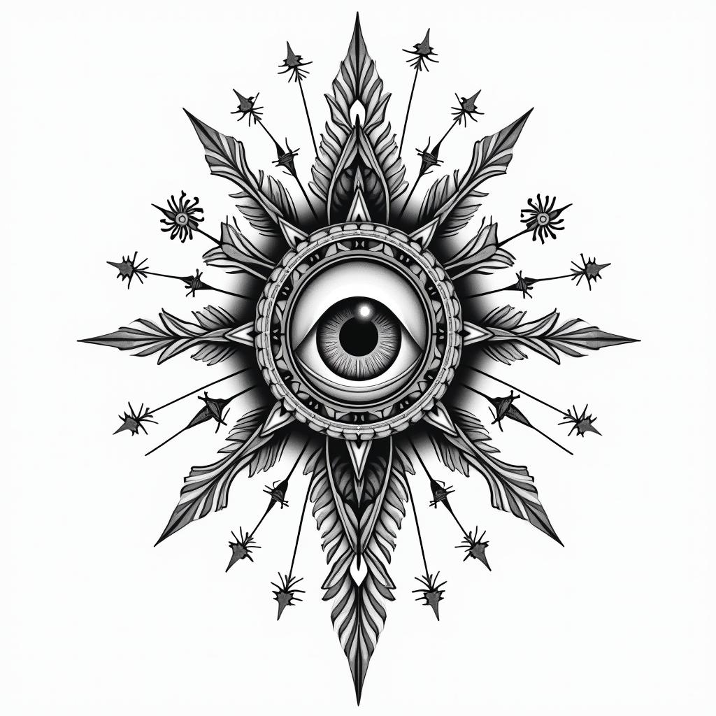 Alaskan Nativein prophecy tattoo style, featuring mystical symbols, celestial imagery like stars, moons, suns, geometric patterns, foretelling elements, an eye of wisdom - Variation 2
