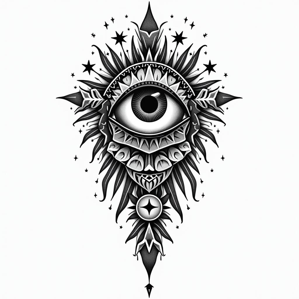 Alaskan Nativein prophecy tattoo style, featuring mystical symbols, celestial imagery like stars, moons, suns, geometric patterns, foretelling elements, an eye of wisdom - Variation 3