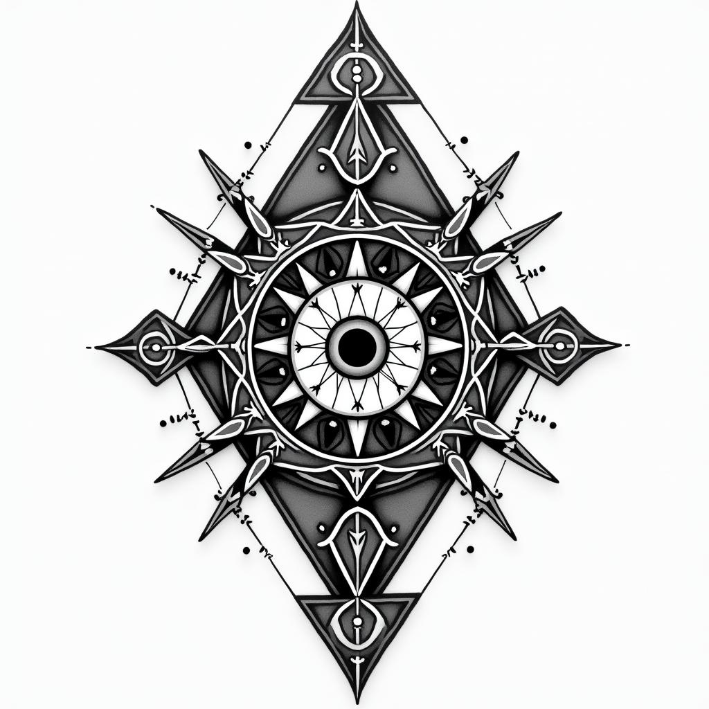 Alaskan Nativein prophecy tattoo style, featuring mystical symbols, celestial imagery like stars, moons, suns, geometric patterns, foretelling elements, an eye of wisdom - Variation 4