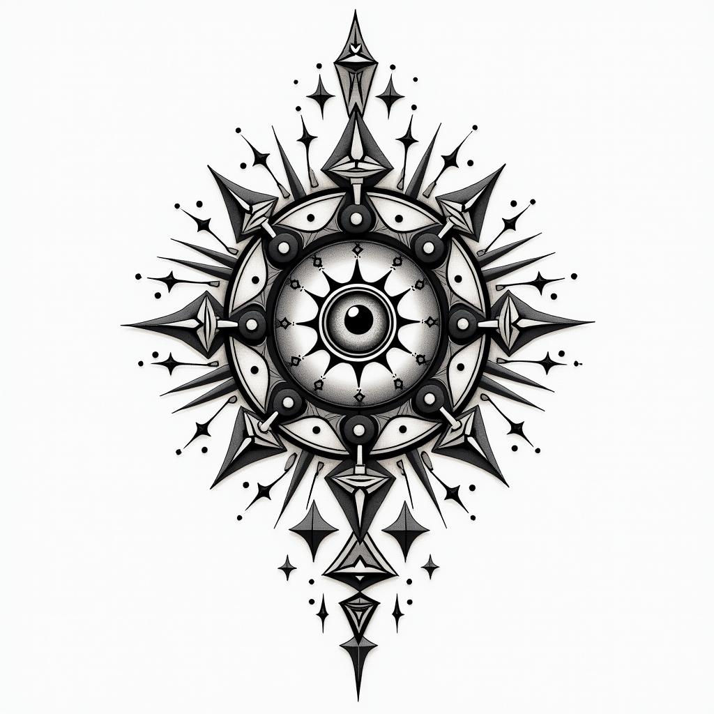 Alaskan Nativein prophecy tattoo style, featuring mystical symbols, celestial imagery like stars, moons, suns, geometric patterns, foretelling elements, an eye of wisdom
