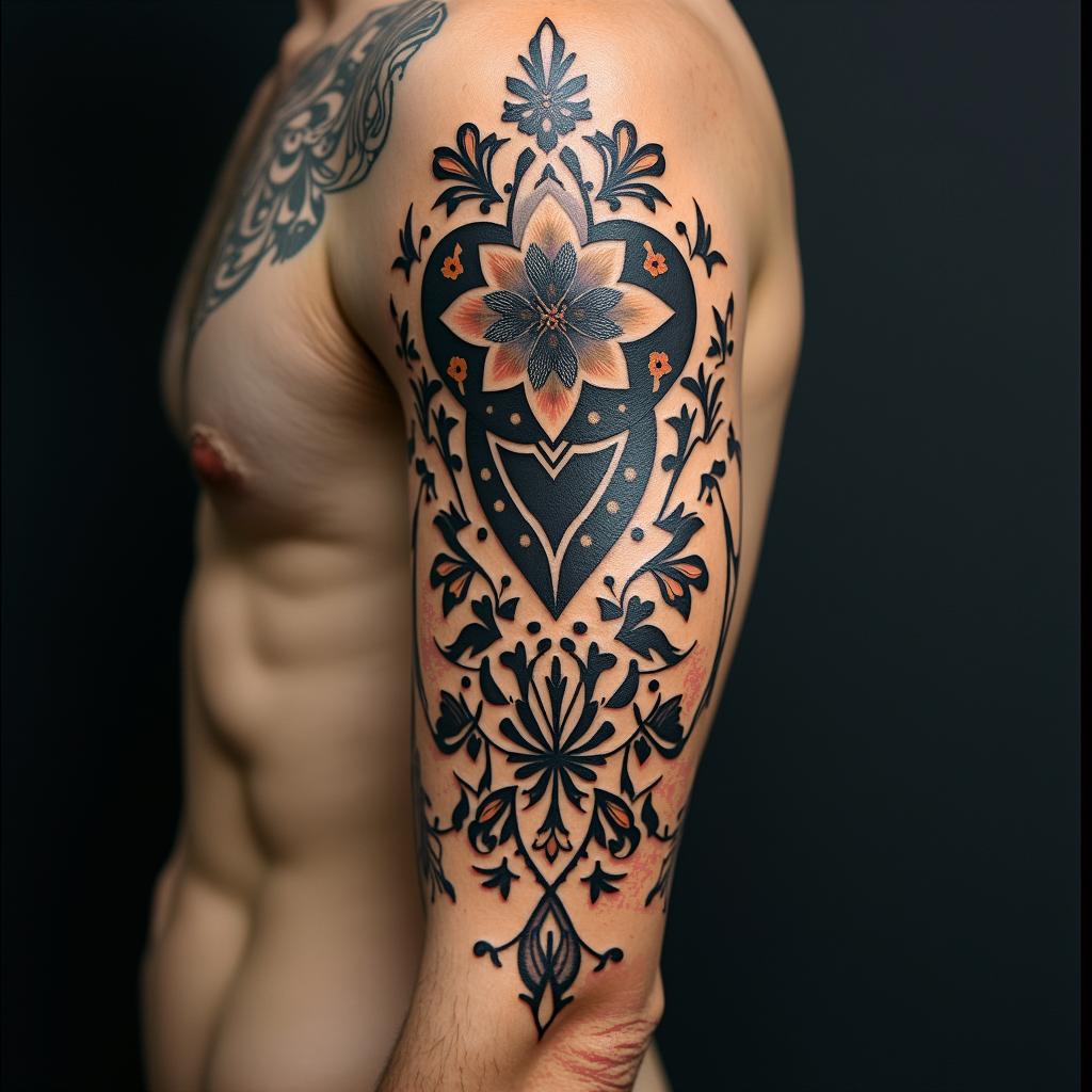 Timonin ornamental tattoo style, featuring intricate symmetrical patterns and floral designs, showcasing highly detailed line work and geometric shapes, creating a sense of elegance and balance - Variation 4