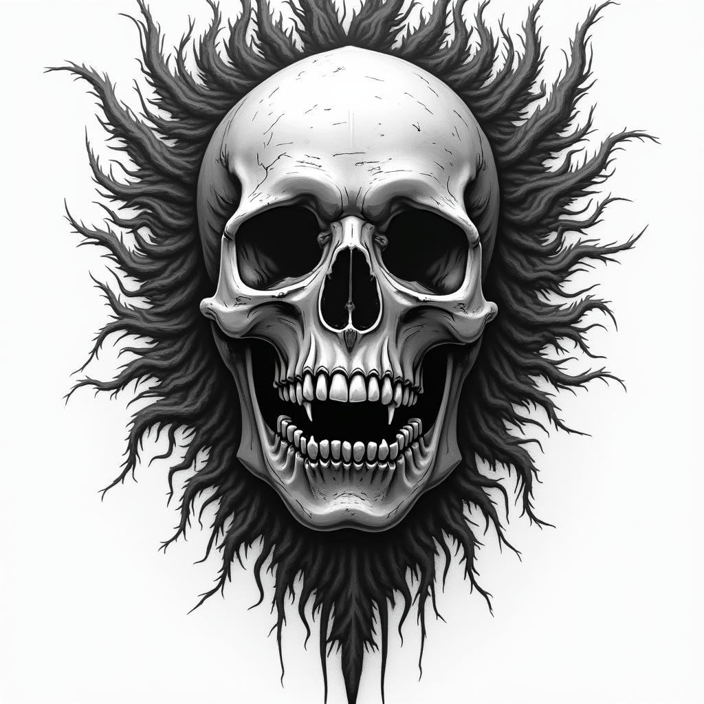 Alaskan Native in horror tattoo style, showcasing haunting and unsettling, dark and gritty textures with skulls, eerie faces, jgged designs, bold and intense shading - Variation 4