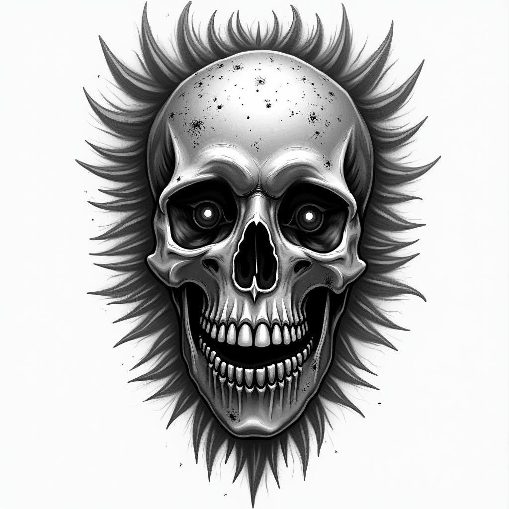 Alaskan Native in horror tattoo style, showcasing haunting and unsettling, dark and gritty textures with skulls, eerie faces, jgged designs, bold and intense shading - Variation 2