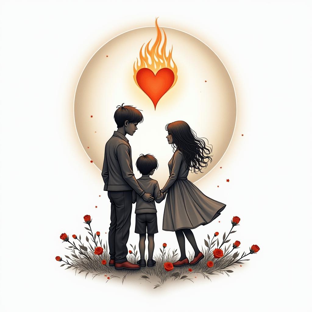 Couple with 3 children under the sun with a heart in flames.in elegant cursive calligraphy style 2d tattoo, decorate with roses, featuring a smooth and flowing handwritten script with slightly thickened strokes for a luxurious and bold appearance,  heart symbol between names,  sleek and glossy black text with shadowing, minimalist matte white background, clean and sharp edges, illuminated with soft lighting, romantic, 8k, high-quality textures with refined typography - Variation 2