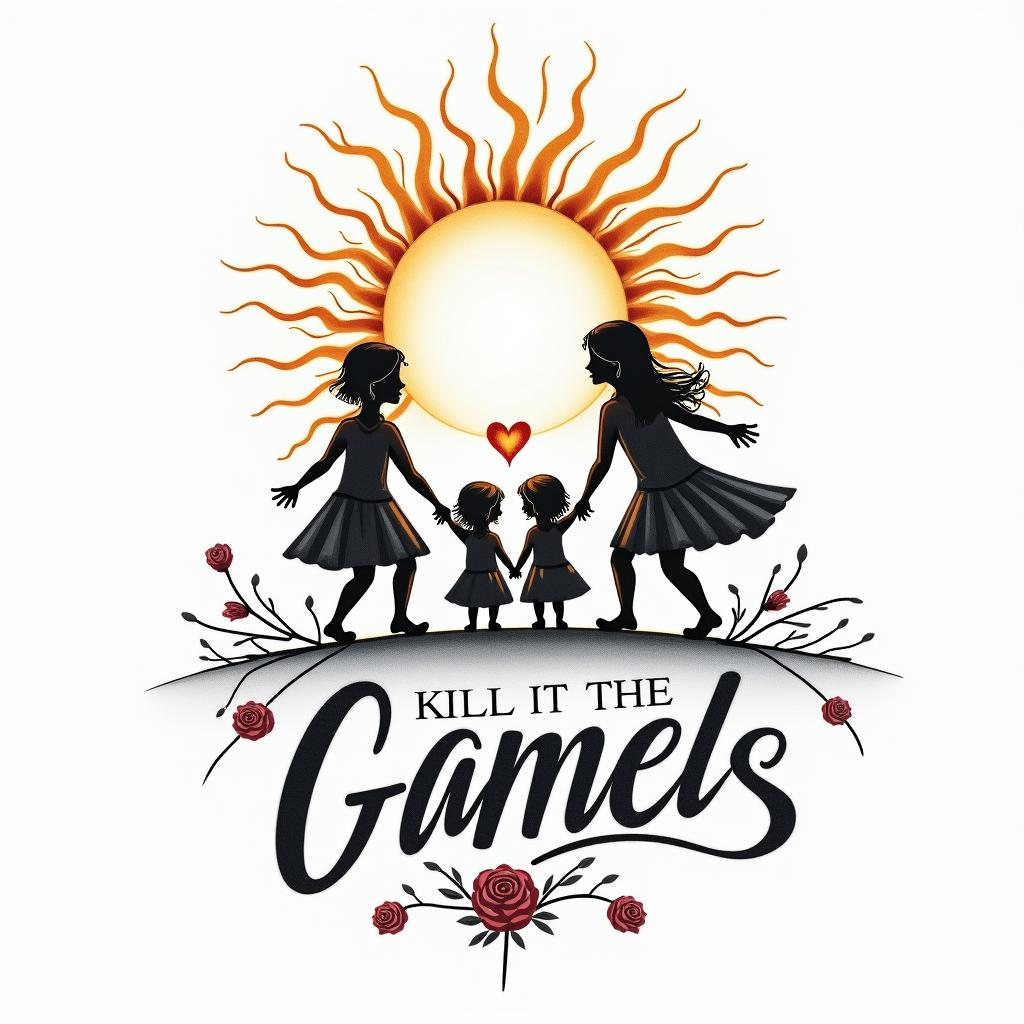 Couple with 3 children under the sun with a heart in flames.in elegant cursive calligraphy style 2d tattoo, decorate with roses, featuring a smooth and flowing handwritten script with slightly thickened strokes for a luxurious and bold appearance,  heart symbol between names,  sleek and glossy black text with shadowing, minimalist matte white background, clean and sharp edges, illuminated with soft lighting, romantic, 8k, high-quality textures with refined typography - Variation 3