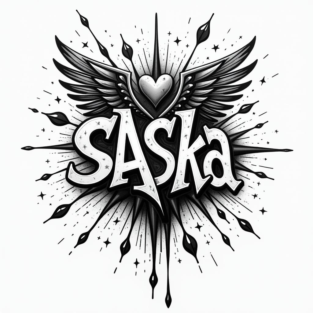 Alaskan Nativein graffiti style tattoo, featuring bold and dynamic street art elements, spray-paint texture with exaggerated lines and expressive, chaotic brushstrokes, intricate lettering incorporated with graffiti tags, symbols like hearts, stars, and wings - Variation 4