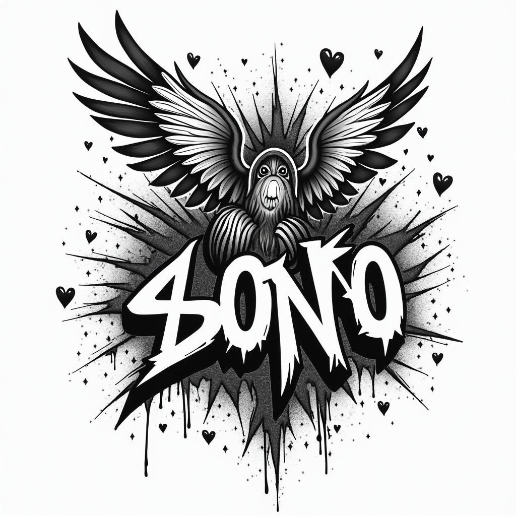 Alaskan Nativein graffiti style tattoo, featuring bold and dynamic street art elements, spray-paint texture with exaggerated lines and expressive, chaotic brushstrokes, intricate lettering incorporated with graffiti tags, symbols like hearts, stars, and wings - Variation 3