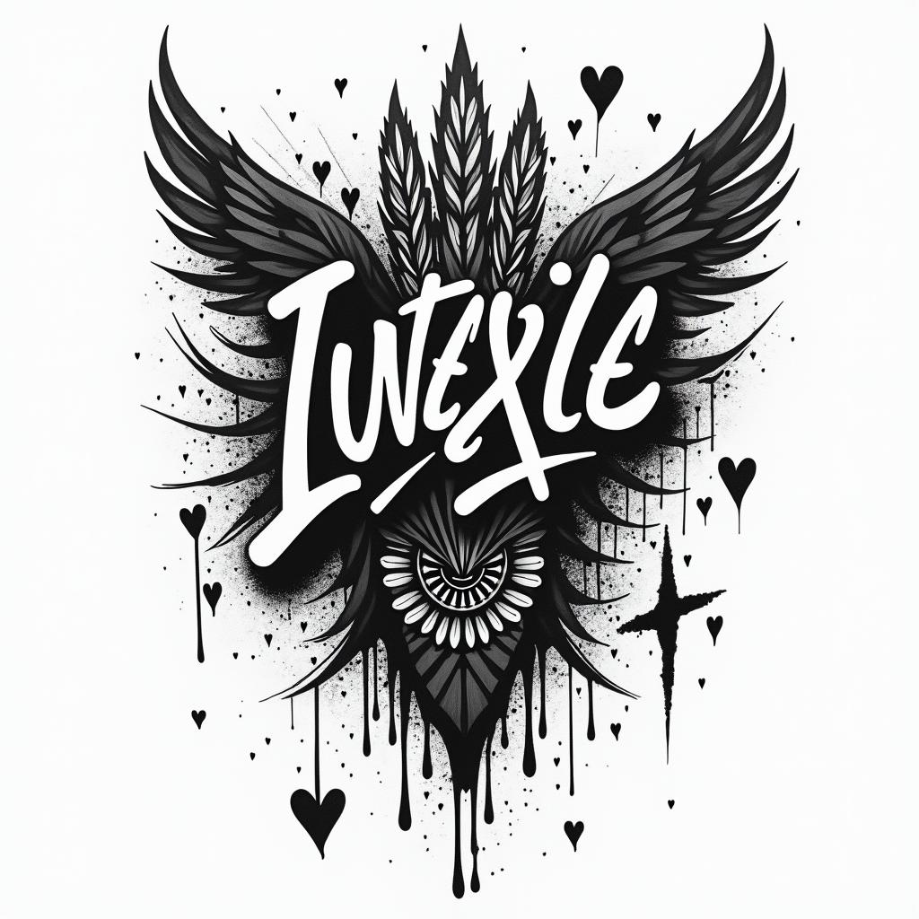 Alaskan Nativein graffiti style tattoo, featuring bold and dynamic street art elements, spray-paint texture with exaggerated lines and expressive, chaotic brushstrokes, intricate lettering incorporated with graffiti tags, symbols like hearts, stars, and wings
