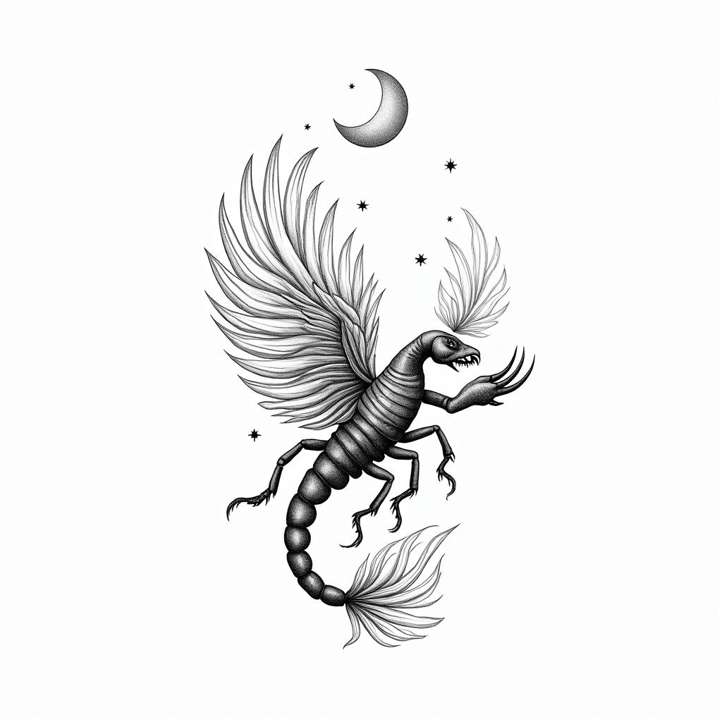 a: A feminine scorpion transforming into a fiery phoenix mid-flight. You can add small stars or a crescent moon above.in Modest style tattoo, featuring soft, delicate line work with simple and meaningful symbols, gentle waves, a heart, evoking a sense of serenity and grace, - Variation 1