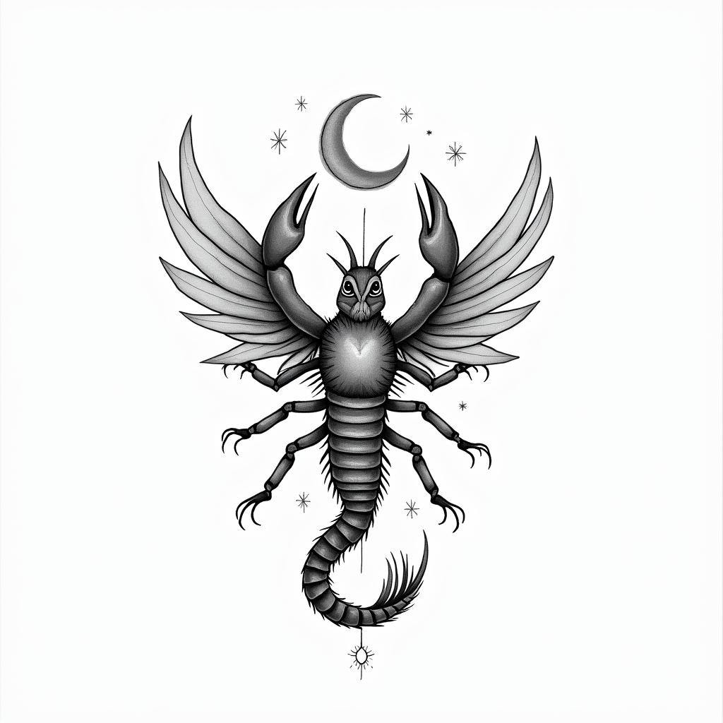 a: A feminine scorpion transforming into a fiery phoenix mid-flight. You can add small stars or a crescent moon above.in Modest style tattoo, featuring soft, delicate line work with simple and meaningful symbols, gentle waves, a heart, evoking a sense of serenity and grace, - Variation 4