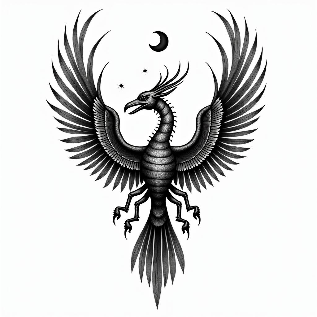 a: A feminine scorpion transforming into a fiery phoenix mid-flight. You can add small stars or a crescent moon above.in egyptian style tattoo, bold elements of ancient egyptian culture including a portrait of an Egyptian pharaoh with detailed facial features, in hieroglyphs and symbolic imagery, eye of horus, ankh symbol, scarab beetle - Variation 1