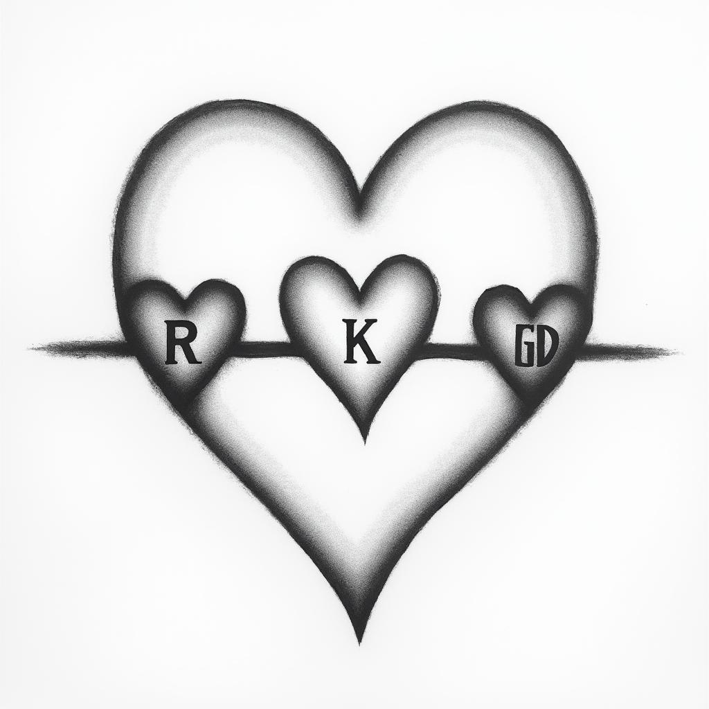 Heart pulse through three hearts drawn horizontally, with the middle heart being slightly larger and the possibility of writing the letters R K H inside it.higly detailed tattoo - Variation 3