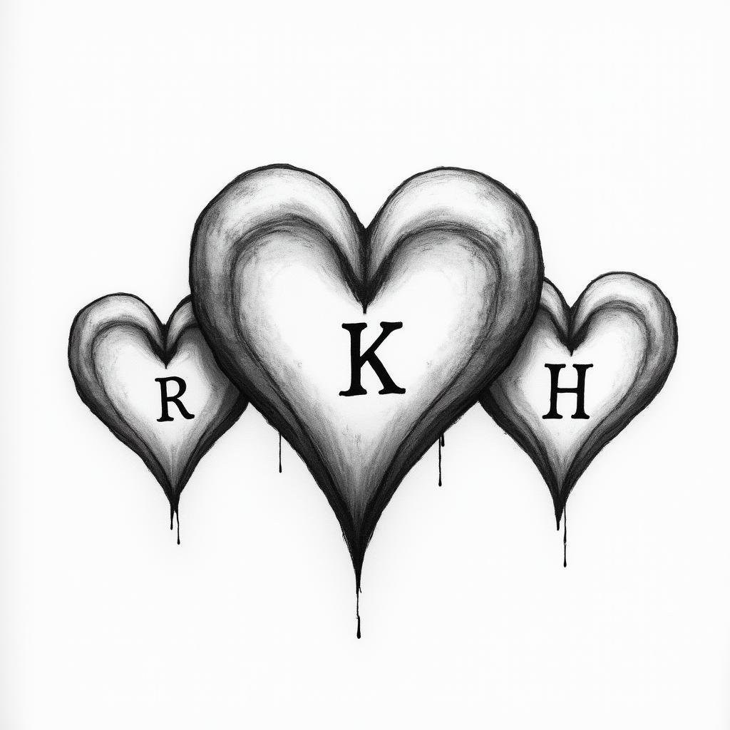 Heart pulse through three hearts drawn horizontally, with the middle heart being slightly larger and the possibility of writing the letters R K H inside it.higly detailed tattoo