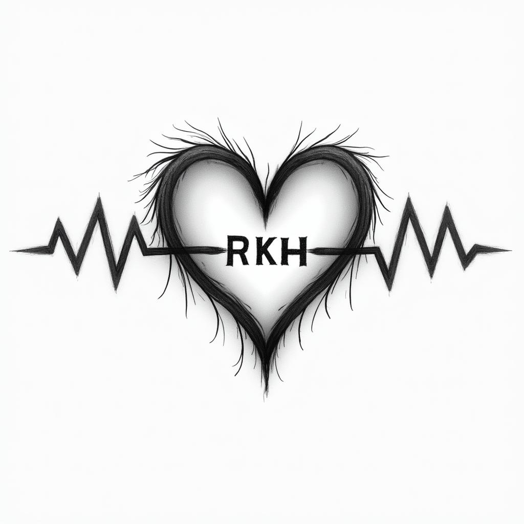 Heart pulse through three hearts drawn horizontally, with the middle heart being slightly larger and the possibility of writing the letters R K H inside it.higly detailed tattoo - Variation 4