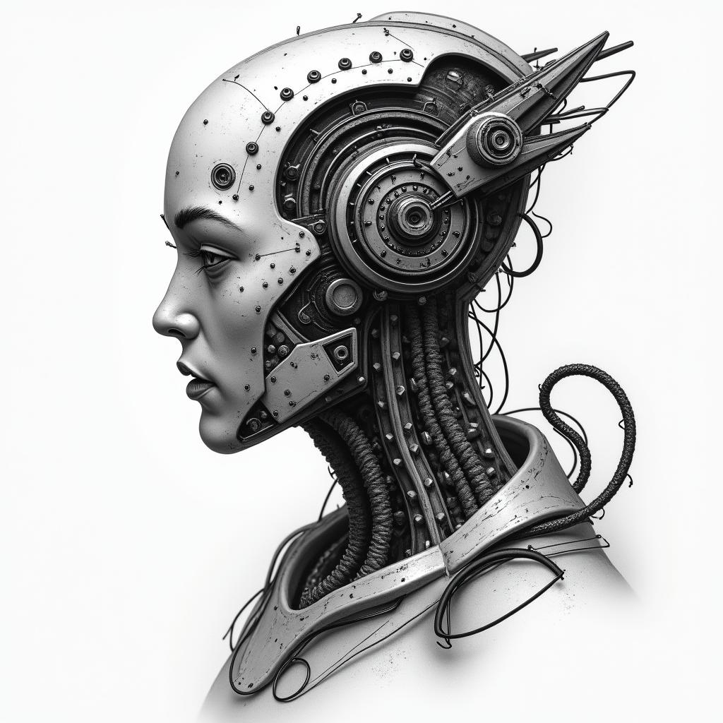 Alaskan Nativetattoo in biomechanic style, the tattoo covered by robotic elements of futuristic cyberpunk design, robotic features detail, showcasing intricate mechanical components - Variation 4