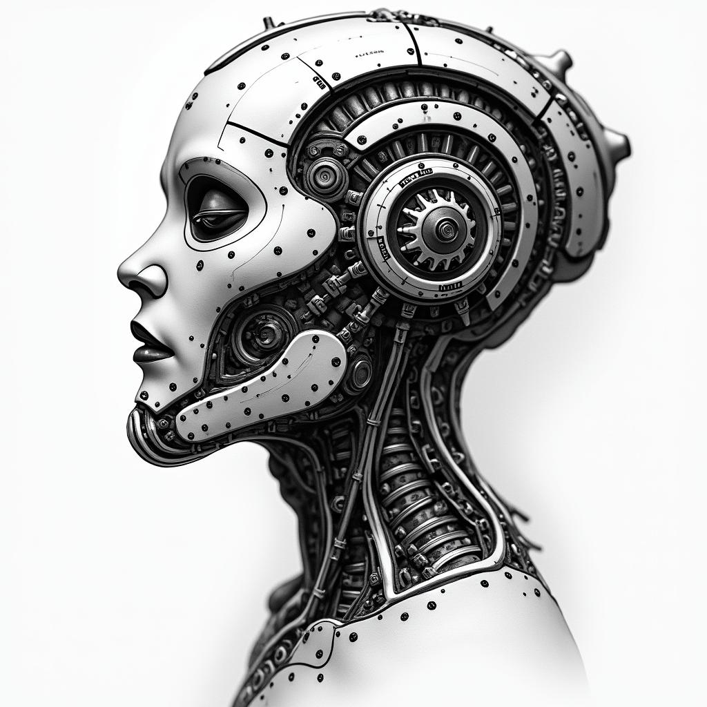 Alaskan Nativetattoo in biomechanic style, the tattoo covered by robotic elements of futuristic cyberpunk design, robotic features detail, showcasing intricate mechanical components - Variation 2