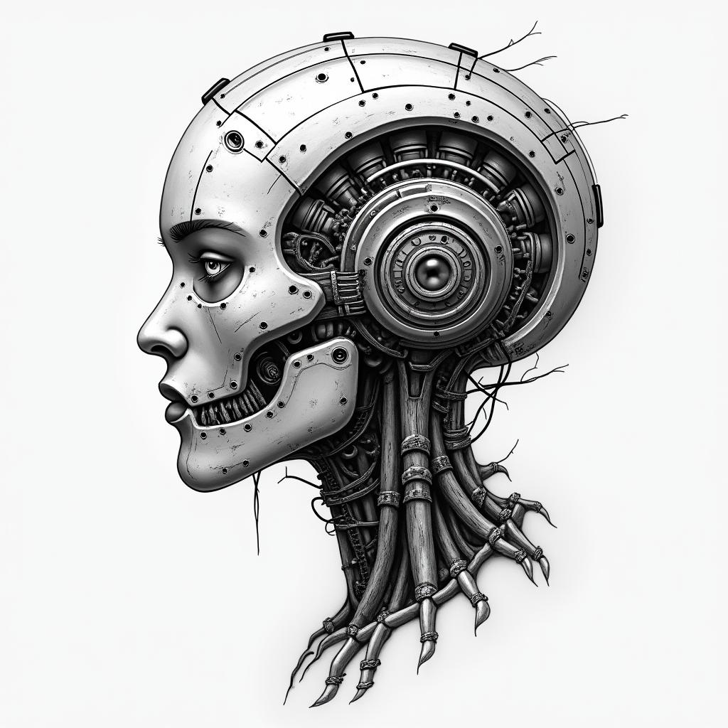 Alaskan Nativetattoo in biomechanic style, the tattoo covered by robotic elements of futuristic cyberpunk design, robotic features detail, showcasing intricate mechanical components - Variation 3