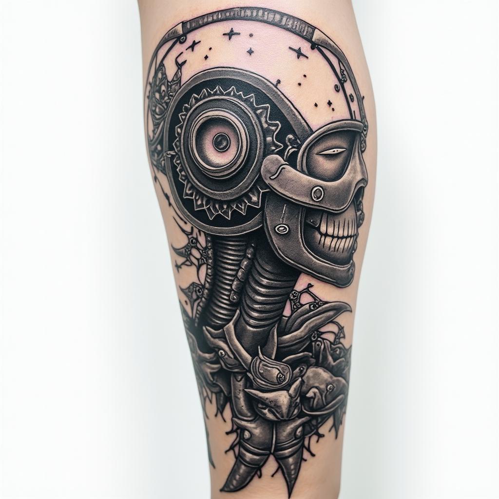 Alaskan Nativetattoo in biomechanic style, the tattoo covered by robotic elements of futuristic cyberpunk design, robotic features detail, showcasing intricate mechanical components