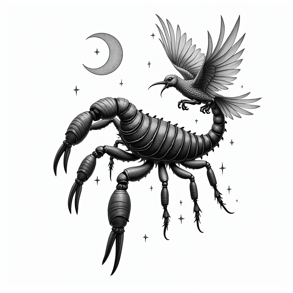 a: A feminine scorpion transforming into a fiery phoenix mid-flight. You can add small stars or a crescent moon above.in bohemian style tattoo, 8k - Variation 4