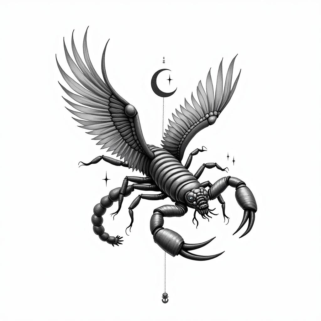 a: A feminine scorpion transforming into a fiery phoenix mid-flight. You can add small stars or a crescent moon above.in bohemian style tattoo, 8k - Variation 3