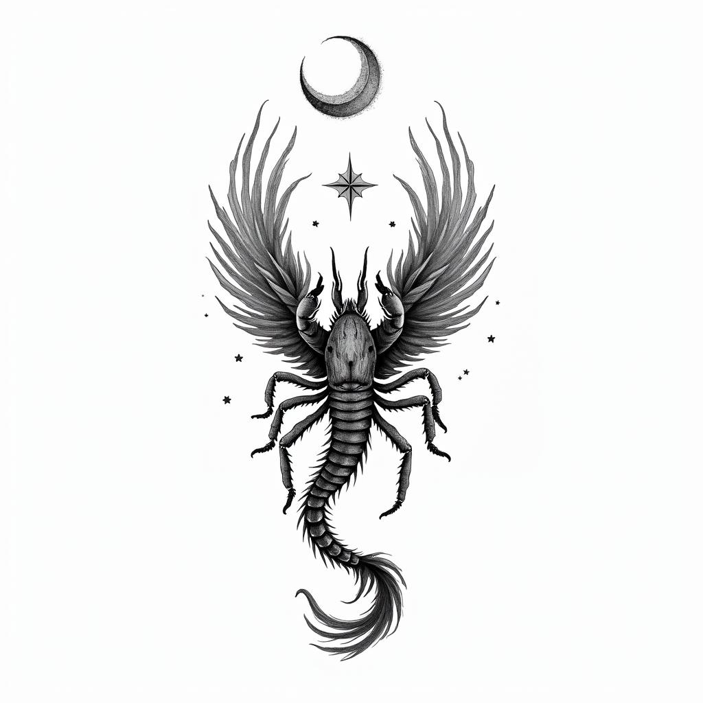 a: A feminine scorpion transforming into a fiery phoenix mid-flight. You can add small stars or a crescent moon above.in bohemian style tattoo, 8k
