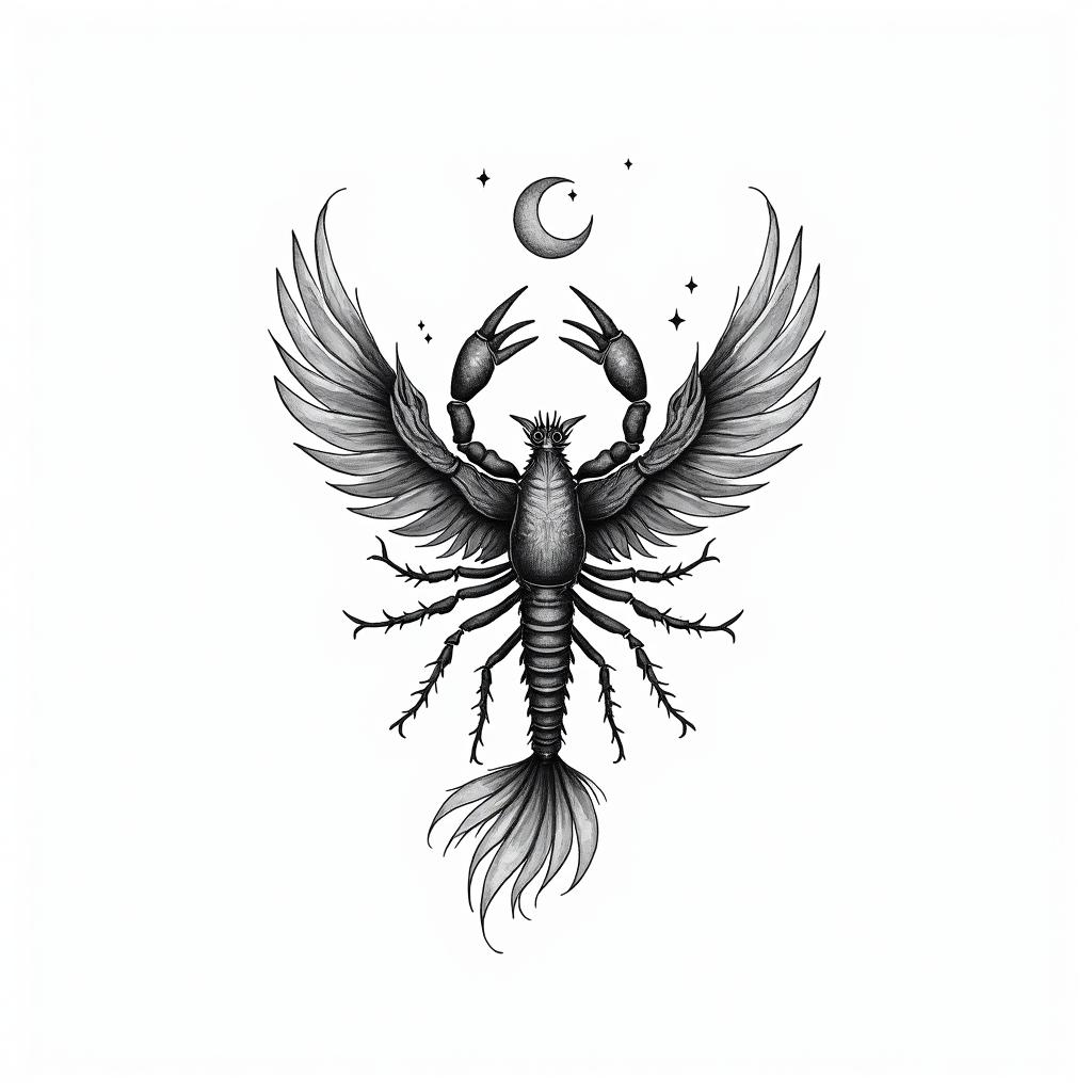 a: A feminine scorpion transforming into a fiery phoenix mid-flight. You can add small stars or a crescent moon above.in bohemian style tattoo, 8k - Variation 2