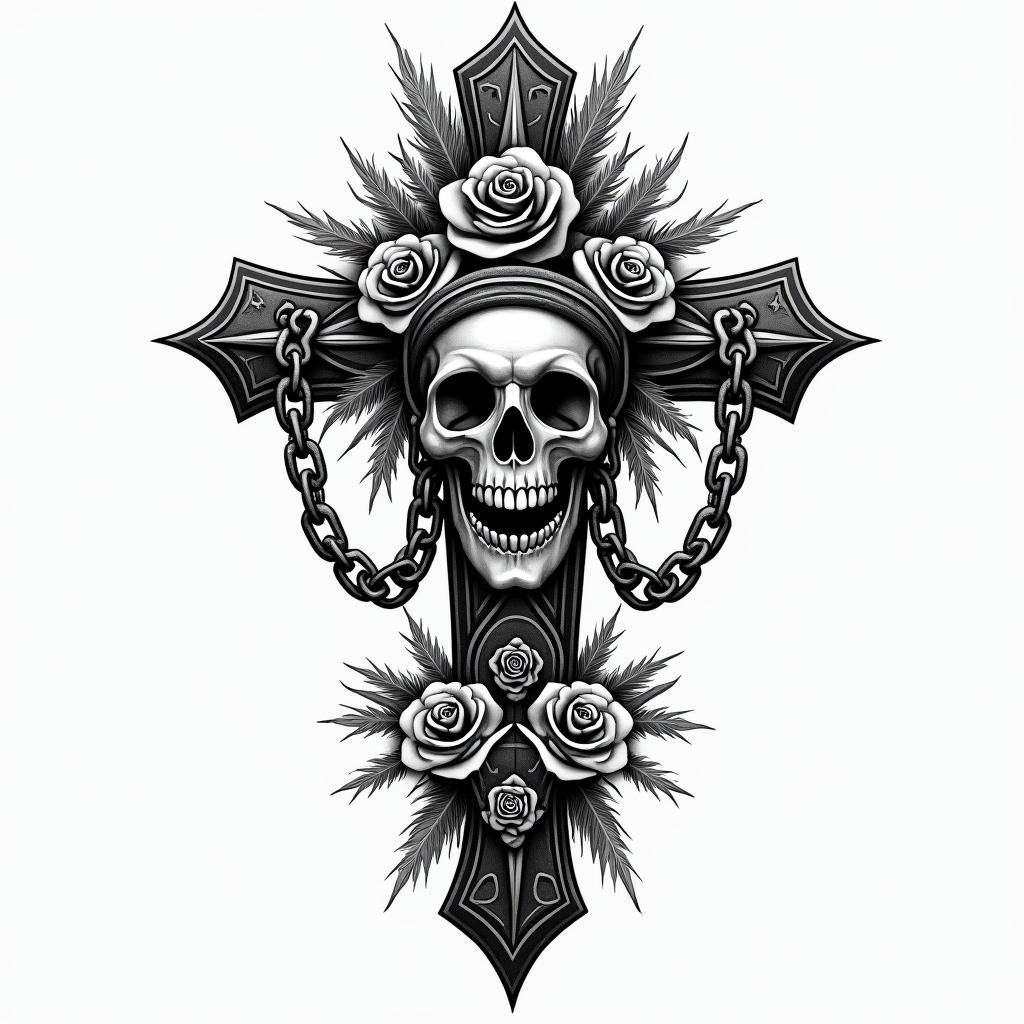 Alaskan Nativein chicano style tattoo, featuring intricate black and grey shading, bold elements of traditional chicano culture symbols, add a big cross with skull, chains and roses - Variation 1