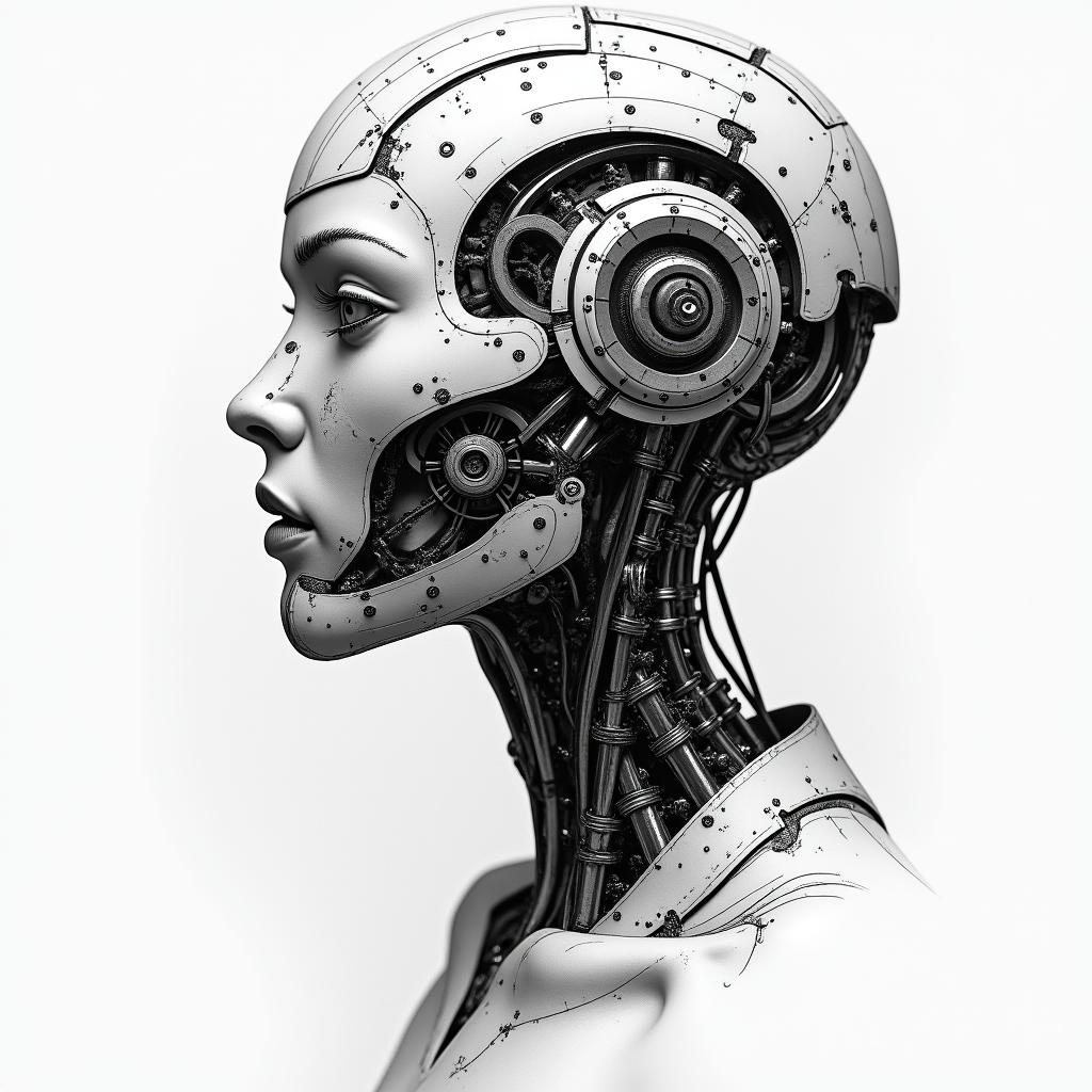 Nico, Zwilling,Suhltattoo in biomechanic style, the tattoo covered by robotic elements of futuristic cyberpunk design, robotic features detail, showcasing intricate mechanical components